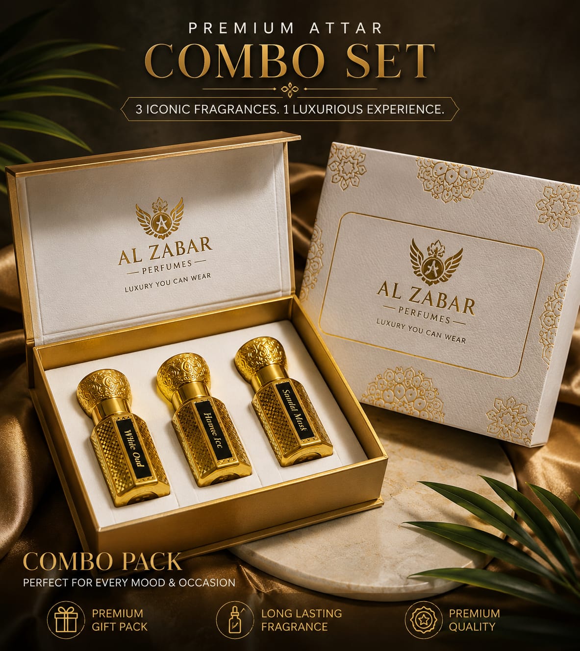 AL ZABAR Premium Attar Gift Set 3 x Luxury Alcohol-Free Perfume Oils